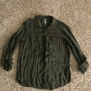 Charlotte Russe 3/4 Length Sleeve Green Button Up
